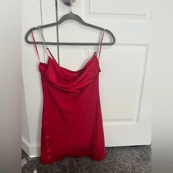 Red slip dress with rhinestone straps perfect for the holiday